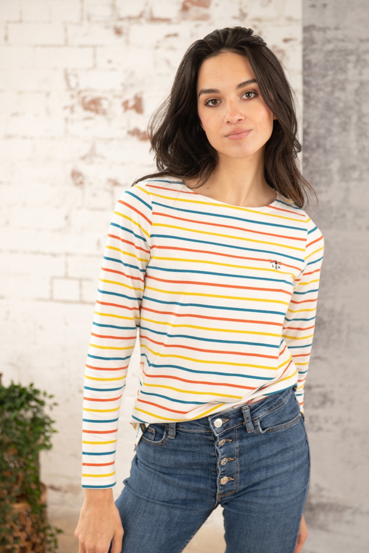 Lighthouse Causeway Breton Long Sleeve Top in Teal / Burnt Orange Stripe