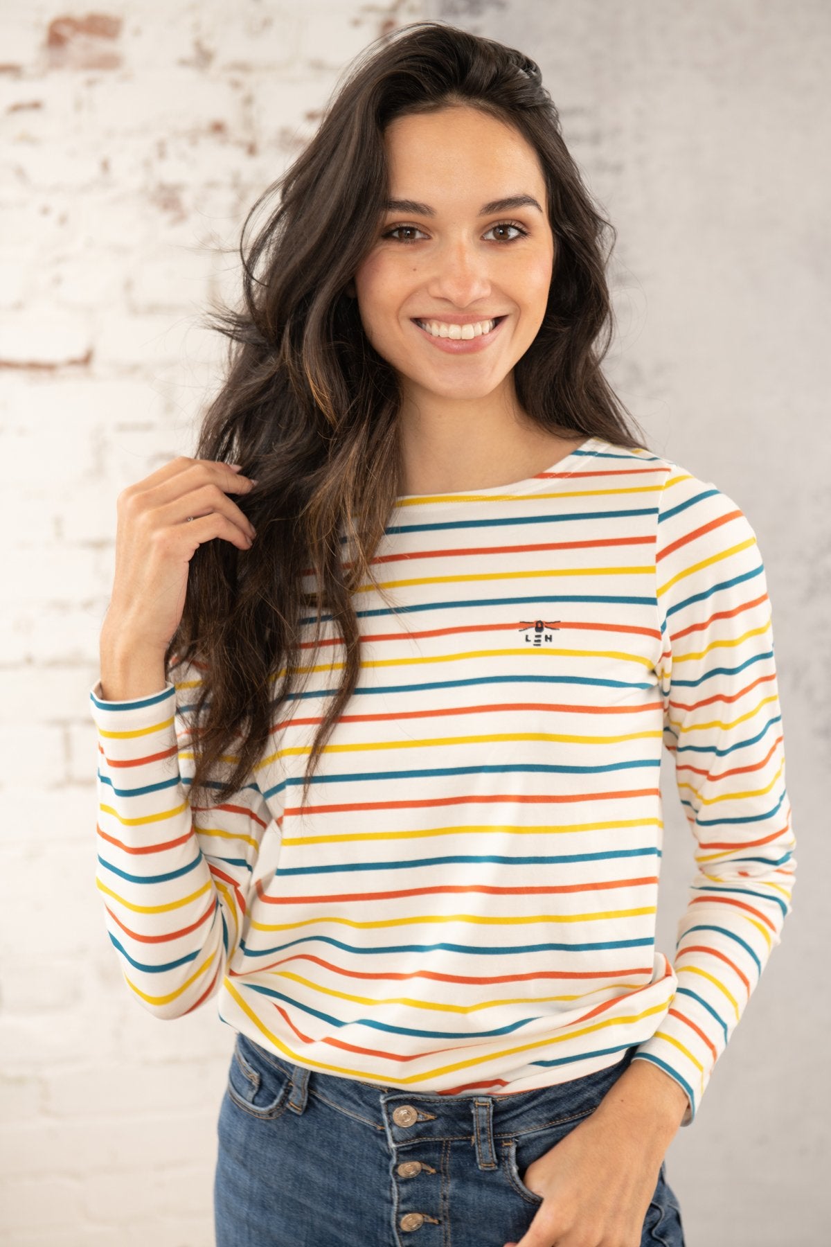 Lighthouse Causeway Breton Long Sleeve Top in Teal / Burnt Orange Stripe