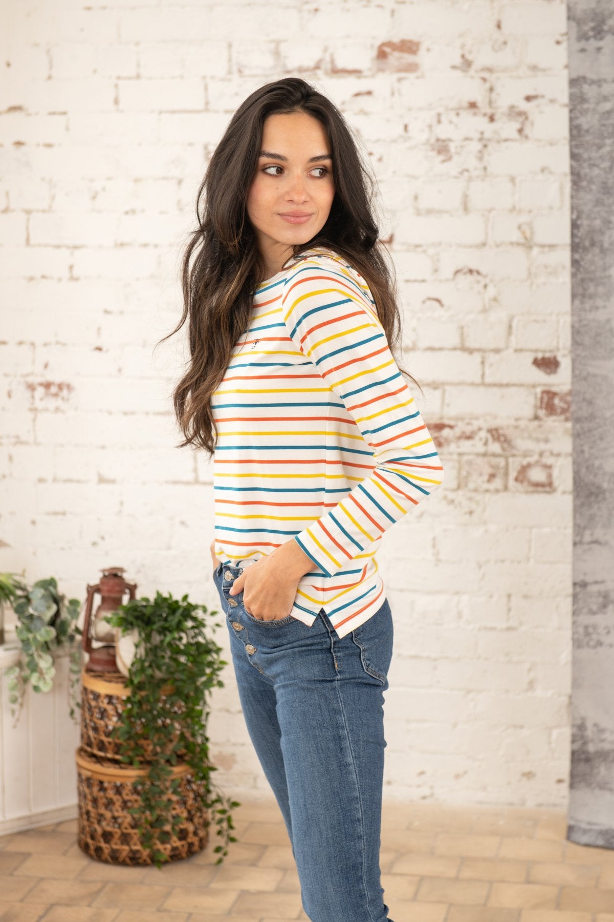 Lighthouse Causeway Breton Long Sleeve Top in Teal / Burnt Orange Stripe