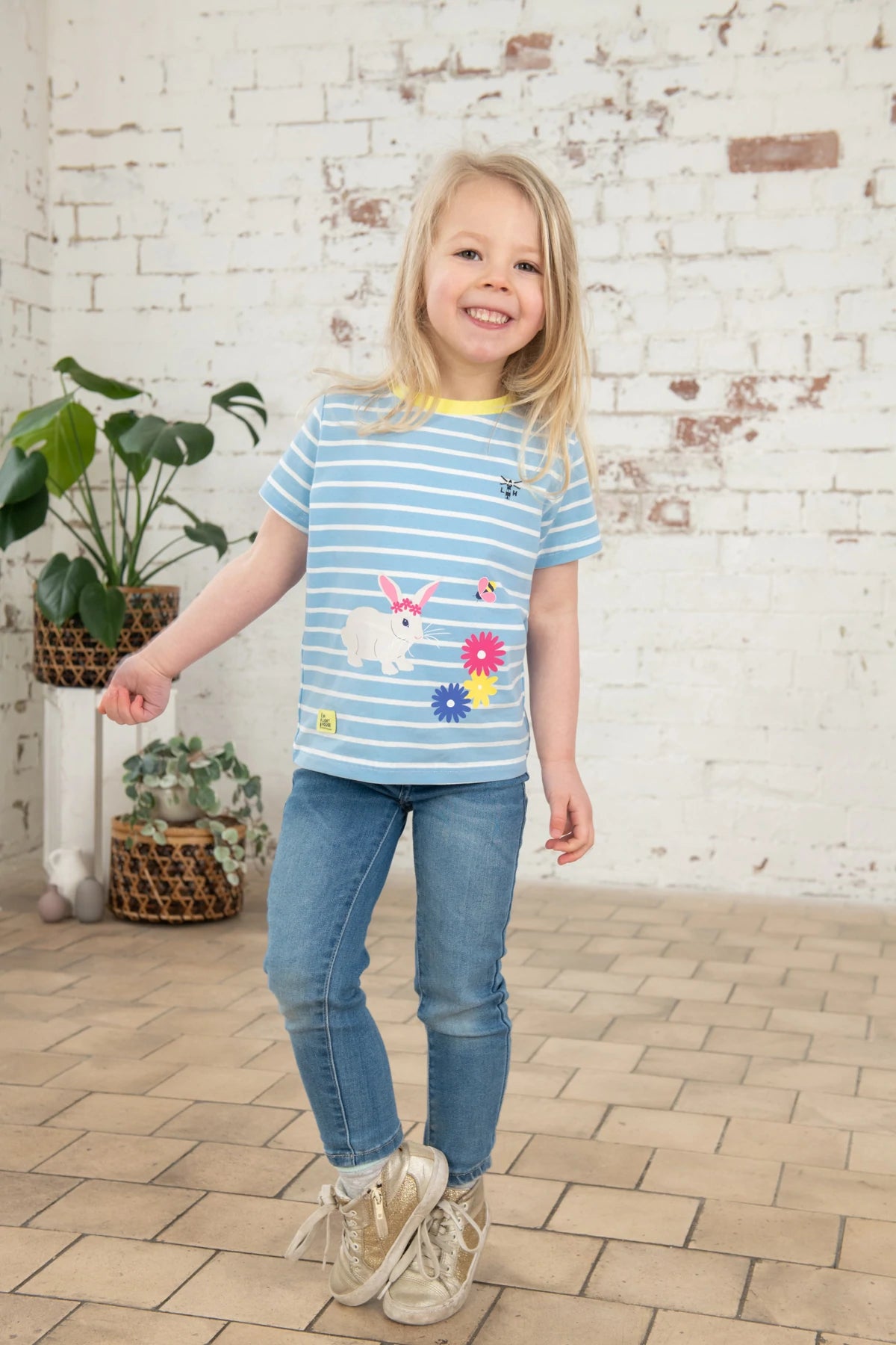 Lighthouse Causeway Kids T-Shirt - Blue Stripe Bunny