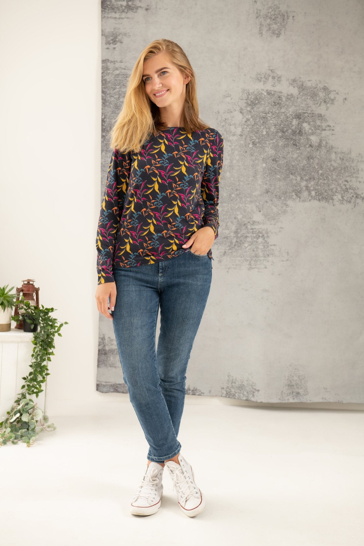 Lighthouse Causeway Breton Long Sleeve Top in Autumnal Print