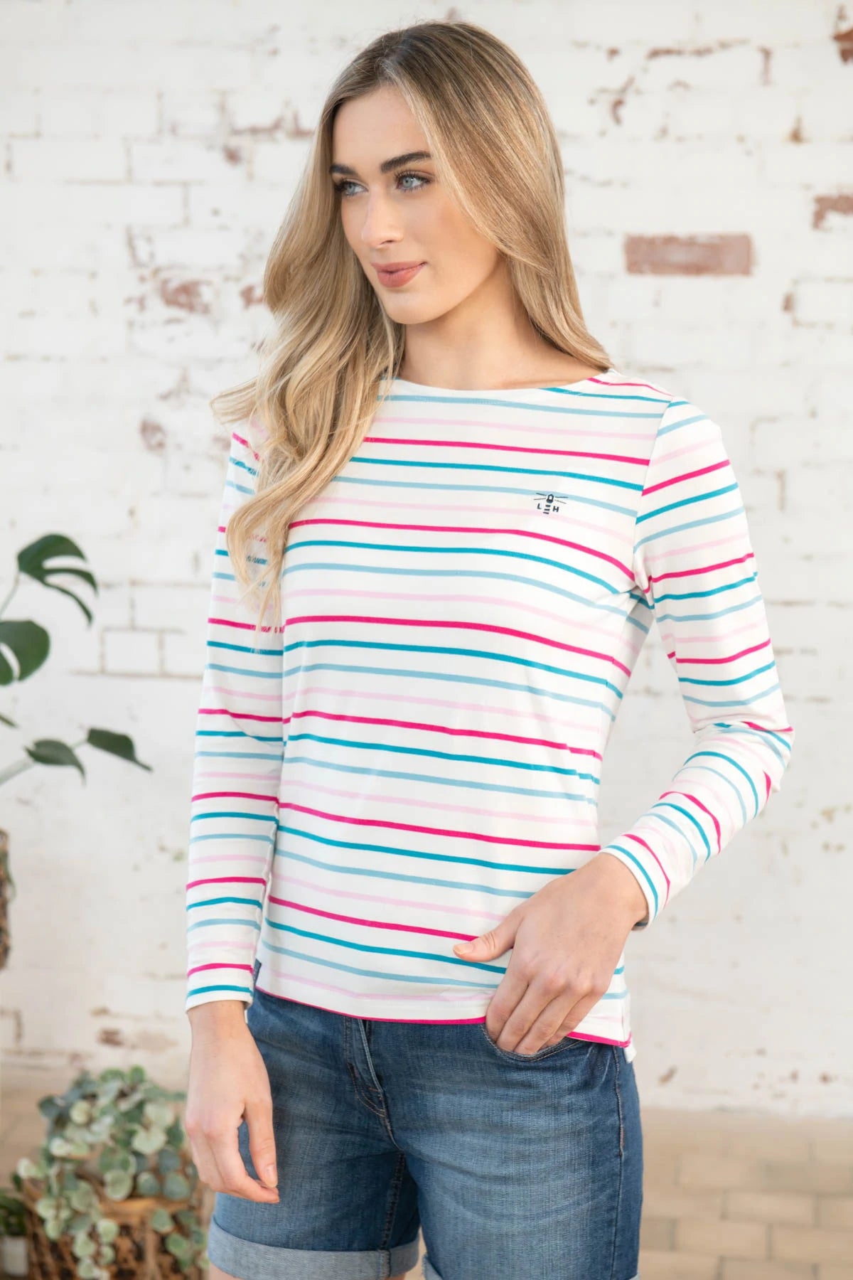 Ladies Causeway Top - Teal pink stripe