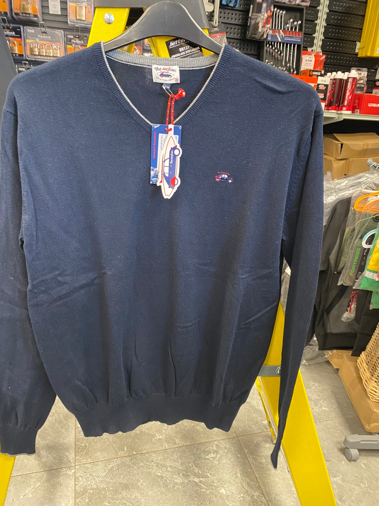 Cotton V Neck Sweater Jumper Navy with Grey Trim Surfcar 202501