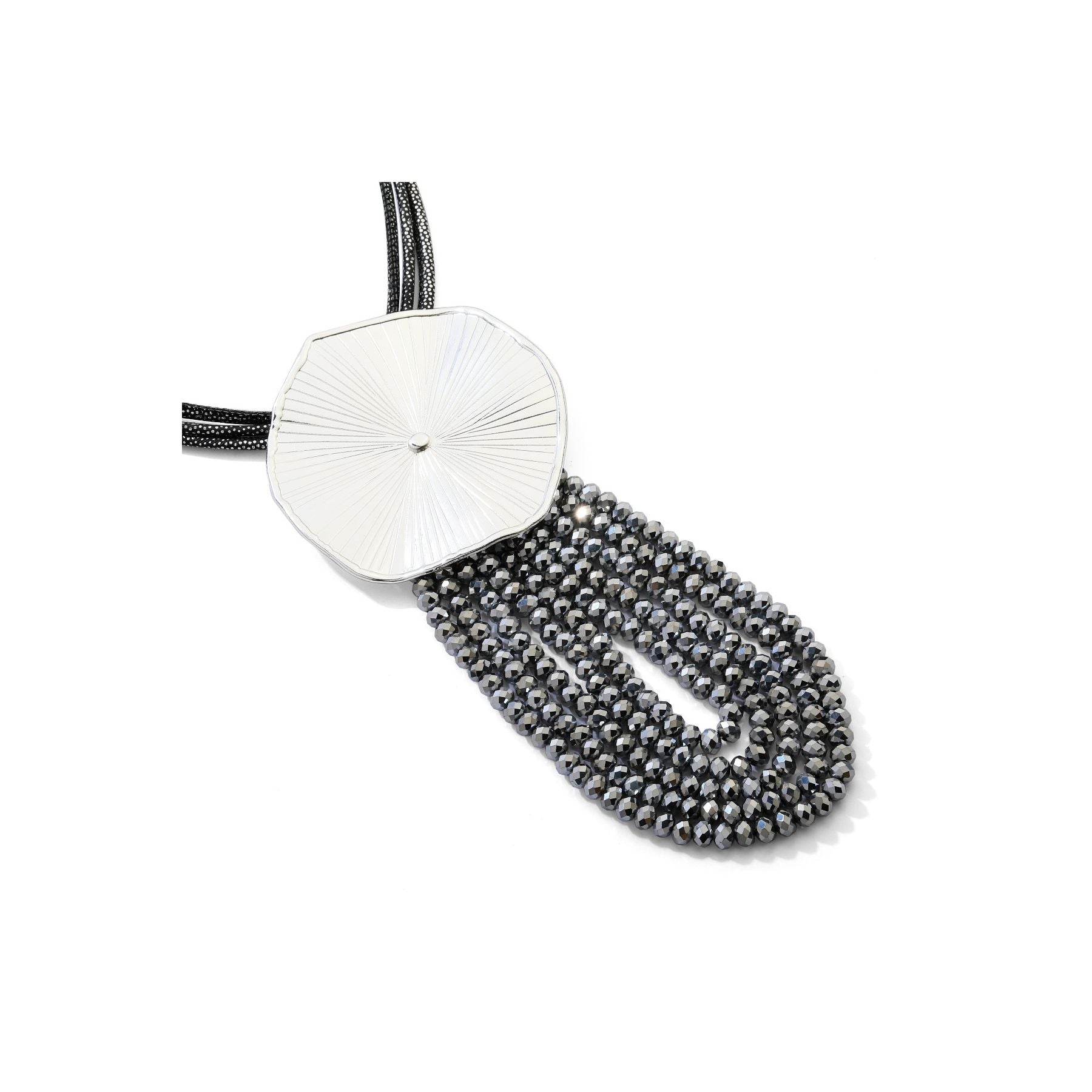 Silver Lilypad on Black Cord with Sparkly Bead Tassle Adjustable Length Necklace from Frinkle
