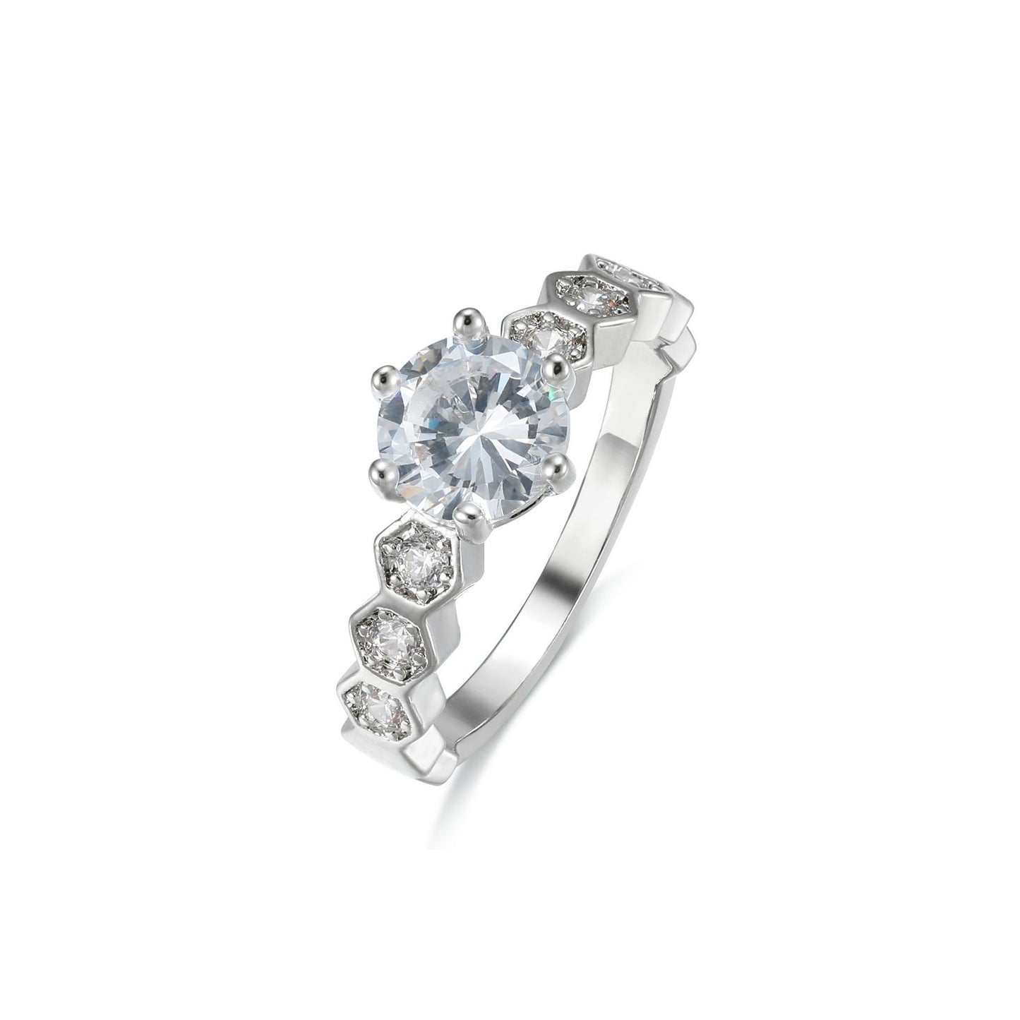 Honey Bee - Solitare CZ Ring with Hexagon Band set with Small Cubic Zirconia from Frinkle
