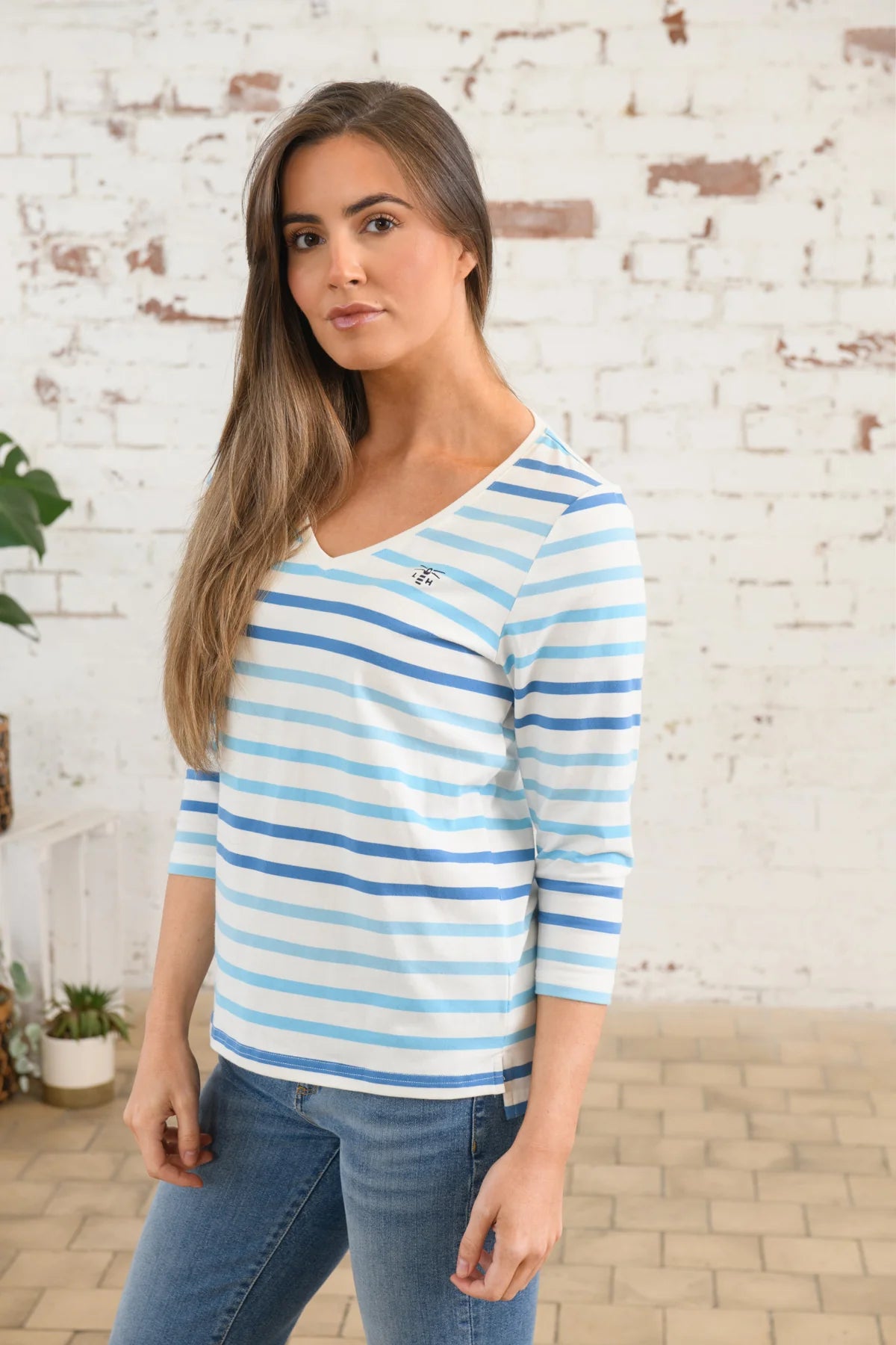 Lighthouse Ariana in Marine Blue & Seagrass Green Stripe with 3/4 Length Sleeve Top