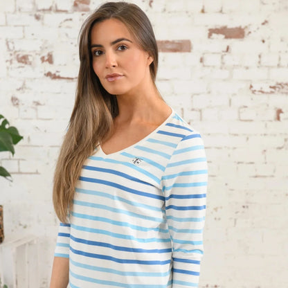 Lighthouse Ariana in Marine Blue & Seagrass Green Stripe with 3/4 Length Sleeve Top