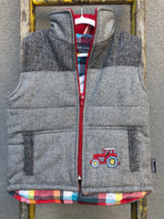 Boys Tractor Tweed Bodywarmer in Grey @ www.millscountrystore.com