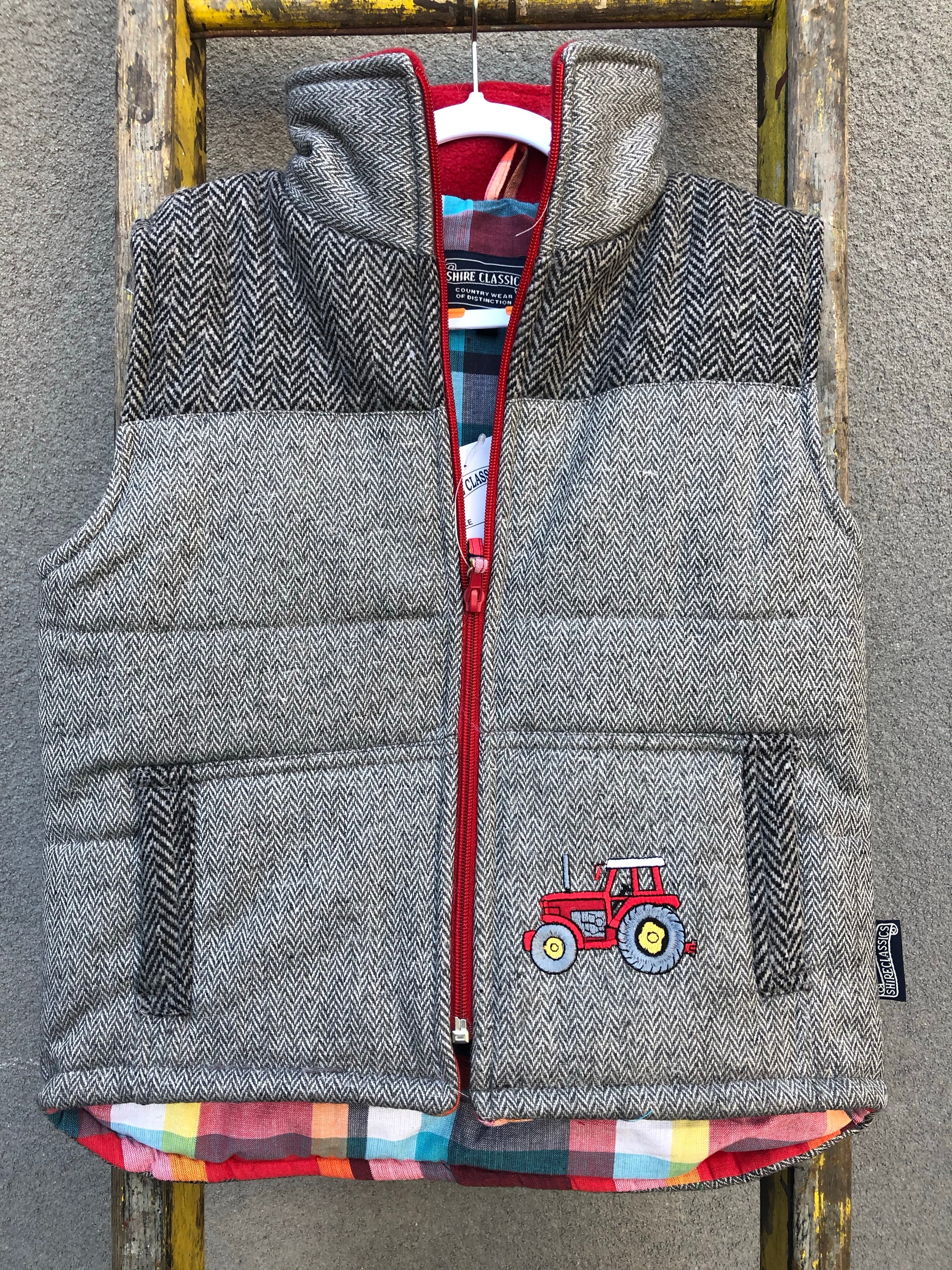 Boys Tractor Tweed Bodywarmer in Grey @ www.millscountrystore.com