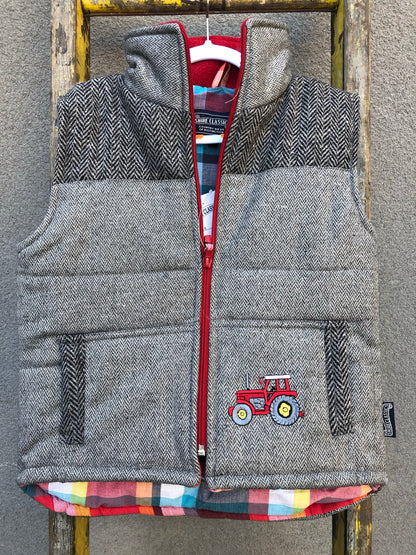 Boys Tractor Tweed Bodywarmer in Grey @ www.millscountrystore.com