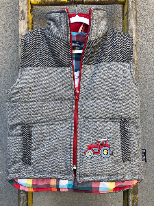 Boys Tractor Tweed Bodywarmer in Grey @ www.millscountrystore.com