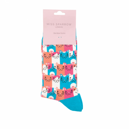 Miss Sparrow Happy Cats Socks Turquoise