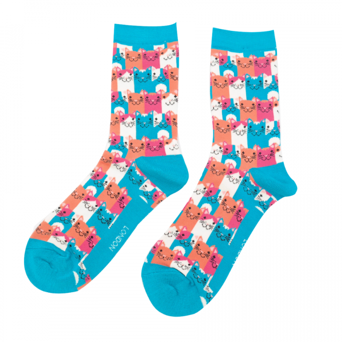 Miss Sparrow Happy Cats Socks Turquoise